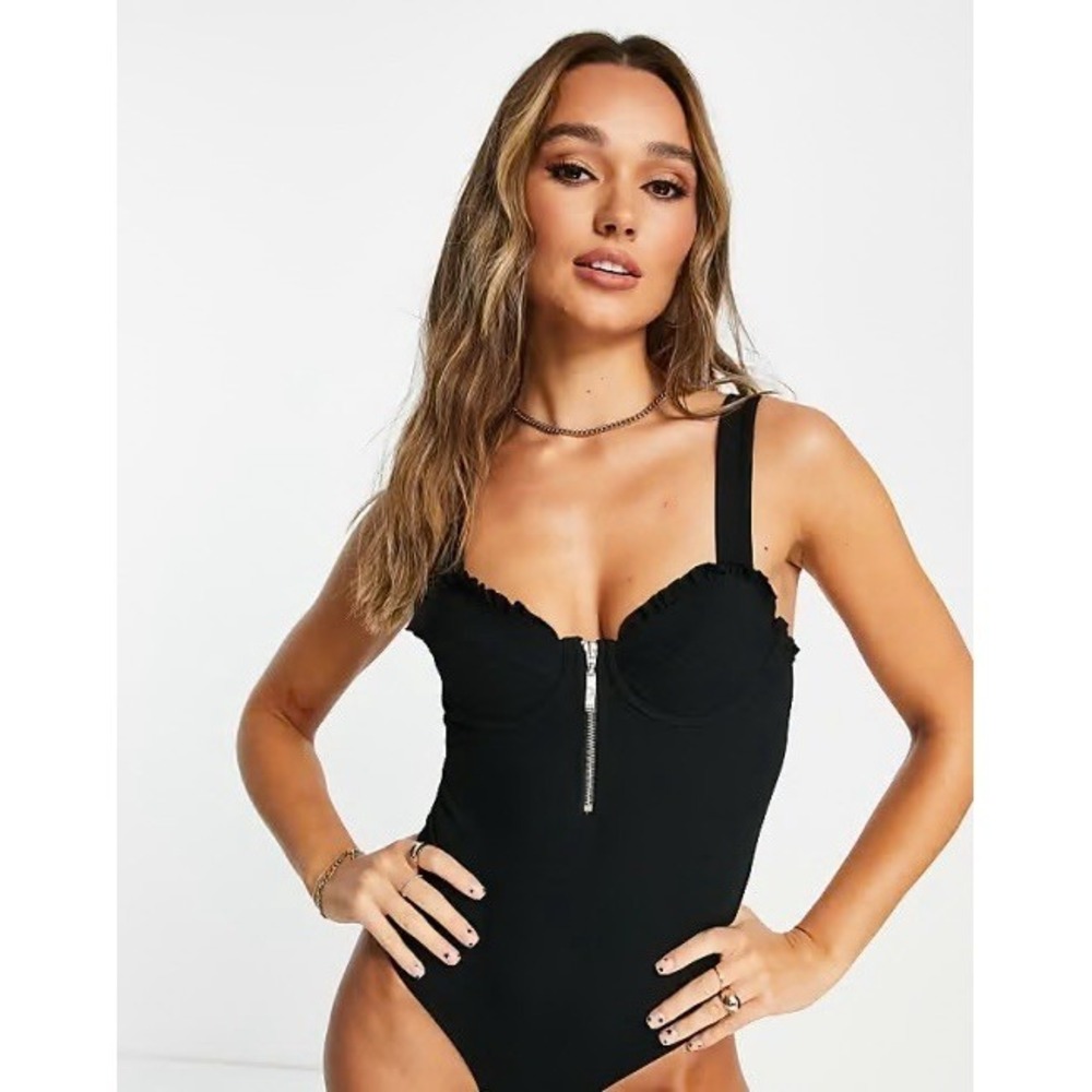 River Island Frill Zip Detail Bodysuit In Black Women's Size 12 European US‎ 8